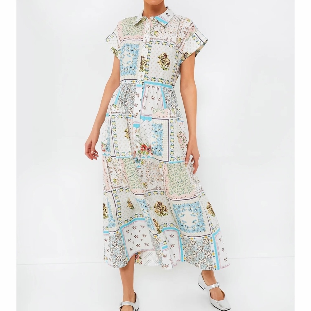 Hunter Bell Sarah Patchwork Quilt Print Midi Shirt Dress Floral White Blue M